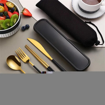 Pārnēsājams galda piederumu komplekts Zelta nazis Dakša Karote Irbulīši Nerūsējošā tērauda galda piederumu komplekti ar futrāļiem virtuves ceļojumiem