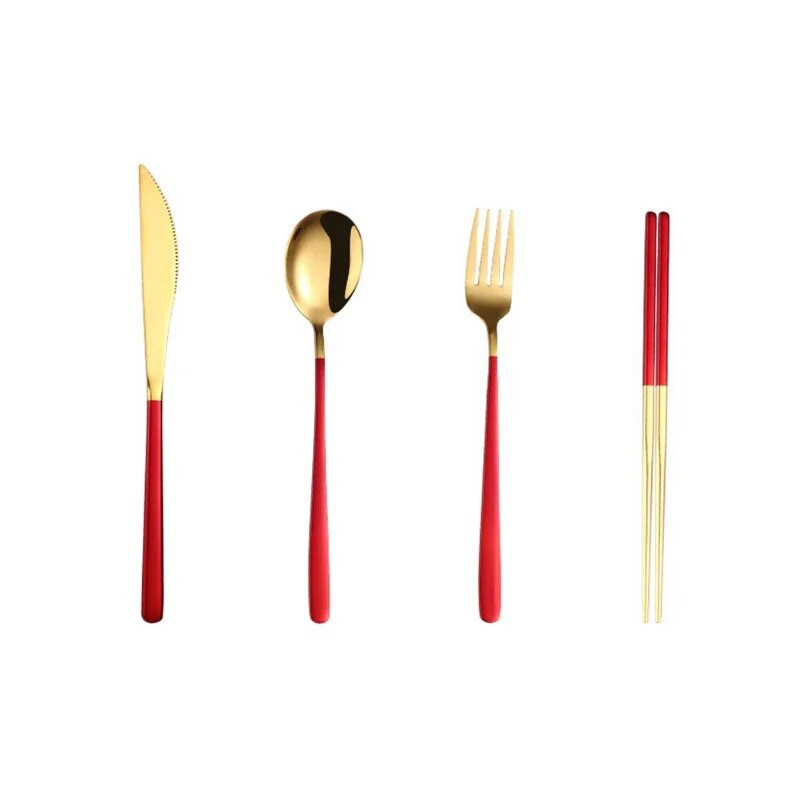 Pārnēsājams galda piederumu komplekts Zelta nazis Dakša Karote Irbulīši Nerūsējošā tērauda galda piederumu komplekti ar futrāļiem virtuves ceļojumiem