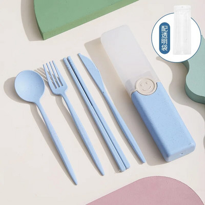 Pārnēsājama atkārtoti lietojama karotes dakša ceļojumu piknika irbulīši Kviešu salmu galda piederumu komplekts ar pārnēsāšanas kasti studentu birojam