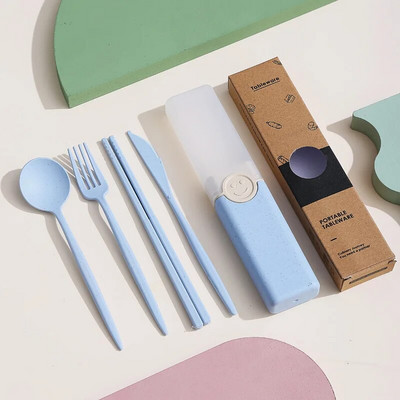 Pārnēsājama atkārtoti lietojama karotes dakša ceļojumu piknika irbulīši Kviešu salmu galda piederumu komplekts ar pārnēsāšanas kasti studentu birojam