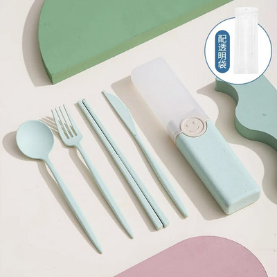 Pārnēsājama atkārtoti lietojama karotes dakša ceļojumu piknika irbulīši Kviešu salmu galda piederumu komplekts ar pārnēsāšanas kasti studentu birojam