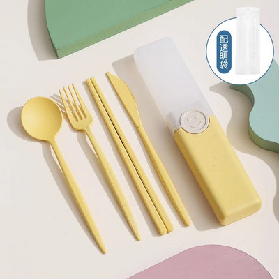 Pārnēsājama atkārtoti lietojama karotes dakša ceļojumu piknika irbulīši Kviešu salmu galda piederumu komplekts ar pārnēsāšanas kasti studentu birojam