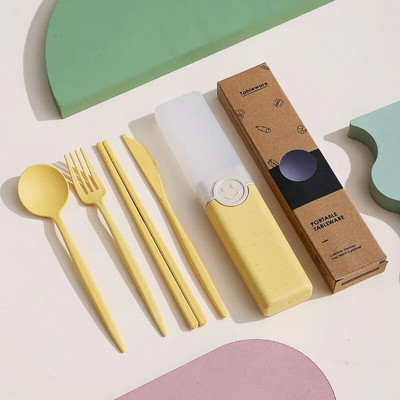 Pārnēsājama atkārtoti lietojama karotes dakša ceļojumu piknika irbulīši Kviešu salmu galda piederumu komplekts ar pārnēsāšanas kasti studentu birojam