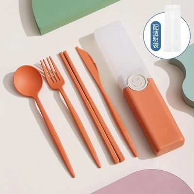 Pārnēsājama atkārtoti lietojama karotes dakša ceļojumu piknika irbulīši Kviešu salmu galda piederumu komplekts ar pārnēsāšanas kasti studentu birojam