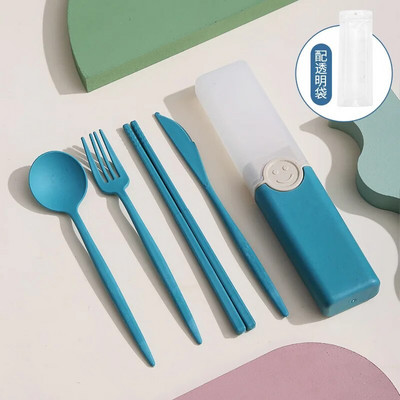 Pārnēsājama atkārtoti lietojama karotes dakša ceļojumu piknika irbulīši Kviešu salmu galda piederumu komplekts ar pārnēsāšanas kasti studentu birojam