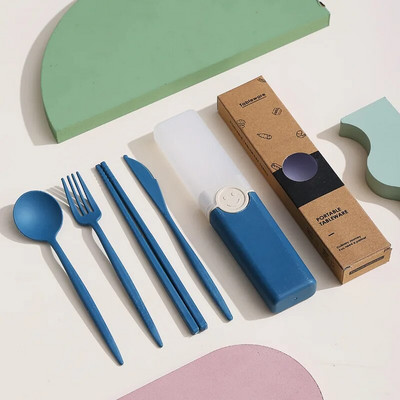 Pārnēsājama atkārtoti lietojama karotes dakša ceļojumu piknika irbulīši Kviešu salmu galda piederumu komplekts ar pārnēsāšanas kasti studentu birojam