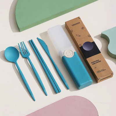 Pārnēsājama atkārtoti lietojama karotes dakša ceļojumu piknika irbulīši Kviešu salmu galda piederumu komplekts ar pārnēsāšanas kasti studentu birojam