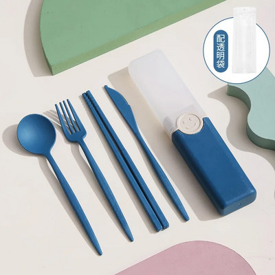 Pārnēsājama atkārtoti lietojama karotes dakša ceļojumu piknika irbulīši Kviešu salmu galda piederumu komplekts ar pārnēsāšanas kasti studentu birojam