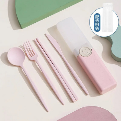 Pārnēsājama atkārtoti lietojama karotes dakša ceļojumu piknika irbulīši Kviešu salmu galda piederumu komplekts ar pārnēsāšanas kasti studentu birojam