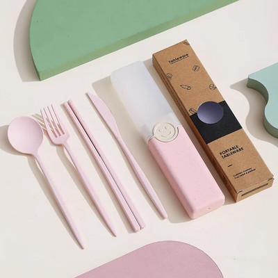 Pārnēsājama atkārtoti lietojama karotes dakša ceļojumu piknika irbulīši Kviešu salmu galda piederumu komplekts ar pārnēsāšanas kasti studentu birojam