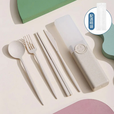 Pārnēsājama atkārtoti lietojama karotes dakša ceļojumu piknika irbulīši Kviešu salmu galda piederumu komplekts ar pārnēsāšanas kasti studentu birojam