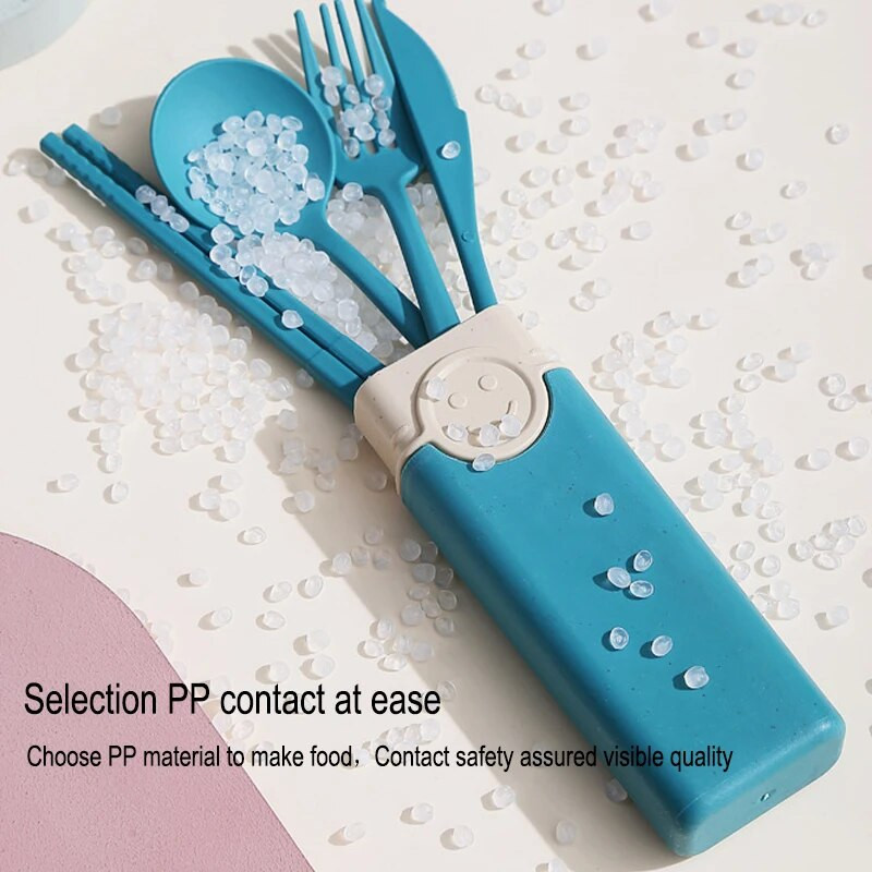 Pārnēsājama atkārtoti lietojama karotes dakša ceļojumu piknika irbulīši Kviešu salmu galda piederumu komplekts ar pārnēsāšanas kasti studentu birojam