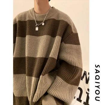 Κορεάτικο στυλ ριγέ πουλόβερ για άντρες το φθινόπωρο και το χειμώνα lazy χαλαρό πλεκτό πουλόβερ με στρογγυλή λαιμόκοψη ρετρό μοντέρνο πουλόβερ