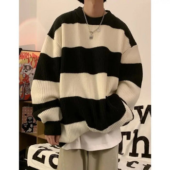 Κορεάτικο στυλ ριγέ πουλόβερ για άντρες το φθινόπωρο και το χειμώνα lazy χαλαρό πλεκτό πουλόβερ με στρογγυλή λαιμόκοψη ρετρό μοντέρνο πουλόβερ