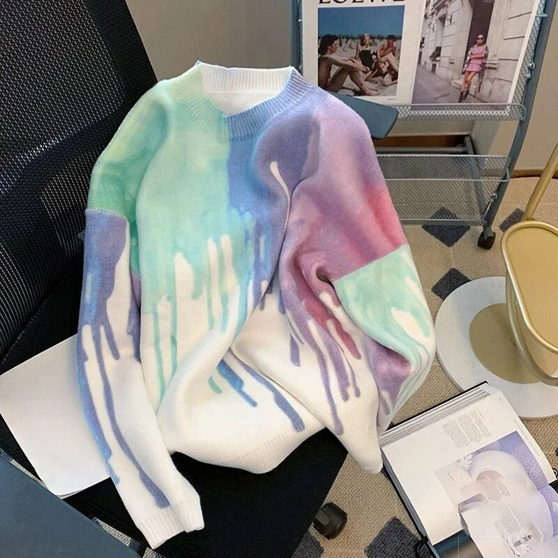 Trikotāžas džemperis Vīriešu Apakškakla Vīriešu Apģērbs Balts Puloveri Apaļas apkakles Kaklasaites Krāsa Vecs Korejiešu 2023 Rudens Liels Liels Izmērs AX