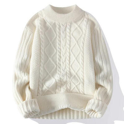 Vīriešu balti džemperi ar apkaklīti Apģērbi ziemas vintage džemperis Vīriešu trikotāžas vienkrāsains džemperis Vīriešu džemperi ar apkakli