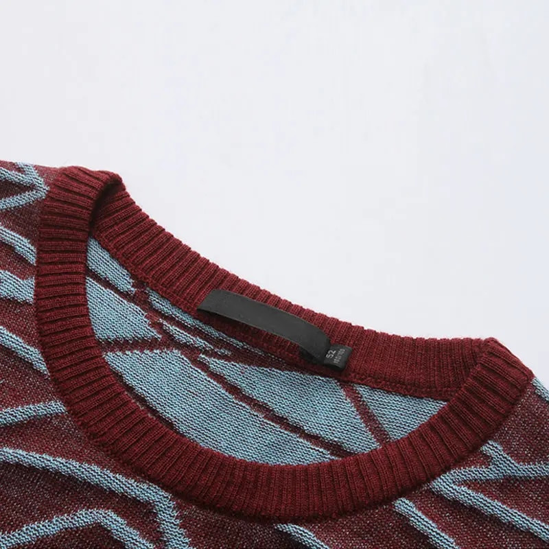 SHiONFA britu stila sarkans svītrains džemperis ar garām piedurknēm O kakla žakarda trikotāžas džemperis Kvalitatīvs plāns vilnas apģērbs rudenim