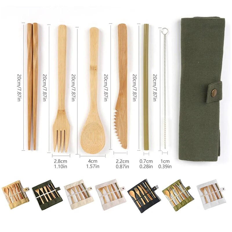 Bambusa galda piederumu komplekts Ceļojumu galda piederumu komplekts Videi draudzīgs galda piederumu komplekts Nazis, dakša, karote un salmi Koka galda piederumu komplekts Kempinga galda piederumi