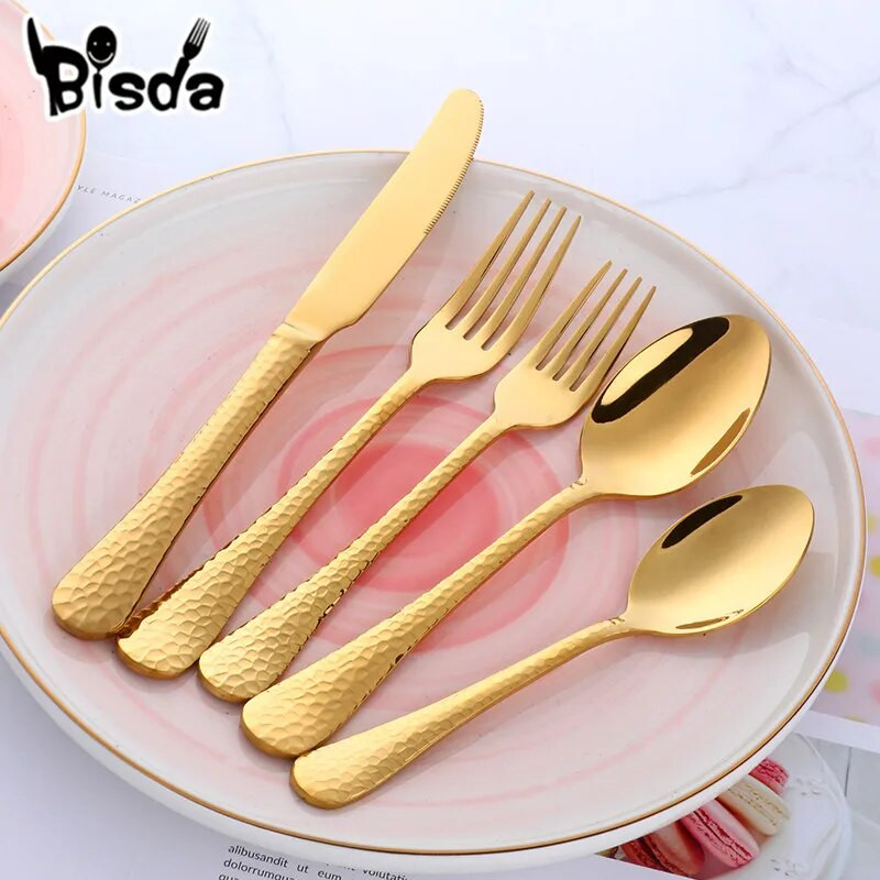 Luksusa galda piederumu komplekts 5 gab zelta galda piederumu varavīksnes galda piederumu komplekts no nerūsējošā tērauda melns galda piederumu komplekts nažu dakšiņu komplekts Western galda piederumi