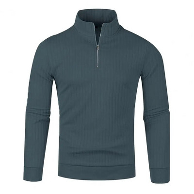 Vīriešu rudens ziemas džemperis rāvējslēdzējs pusaugsta apkakle, vienkrāsains trikotāžas mīksts, silts elastīgs ikdienas pulovers svītrains vīriešu vidēja garuma džemperis