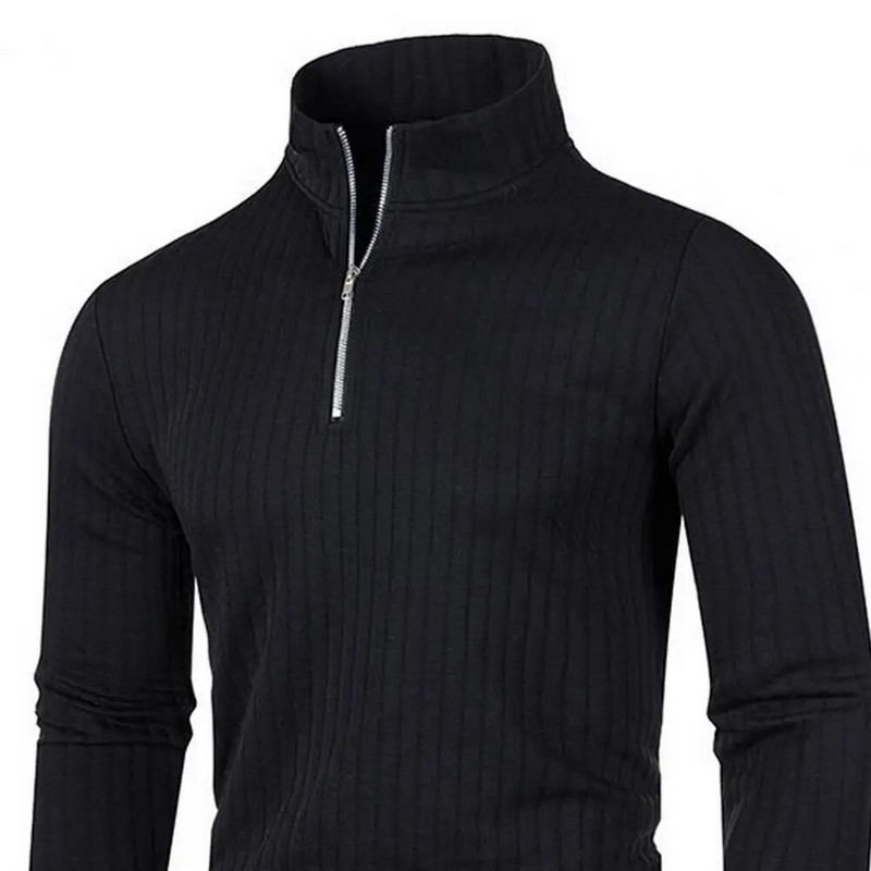 Vīriešu rudens ziemas džemperis rāvējslēdzējs pusaugsta apkakle, vienkrāsains trikotāžas mīksts, silts elastīgs ikdienas pulovers svītrains vīriešu vidēja garuma džemperis