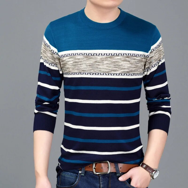Ανδρικό πουλόβερ με στρογγυλή λαιμόκοψη 2023, μακρυμάνικο ριγέ πλεκτό πουλόβερ στο κάτω μέρος, Casual μπλουζάκια για μετακινήσεις