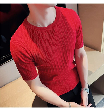 Καλοκαιρινό Stretch Crewneck Ανδρικό πουλόβερ με κοντό μανίκι πλεκτό μασίφ μισό μανίκι ριγέ μπλουζάκι πουλόβερ Casual slim κοινωνικά μπλουζάκια