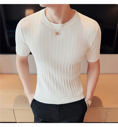 Καλοκαιρινό Stretch Crewneck Ανδρικό πουλόβερ με κοντό μανίκι πλεκτό μασίφ μισό μανίκι ριγέ μπλουζάκι πουλόβερ Casual slim κοινωνικά μπλουζάκια
