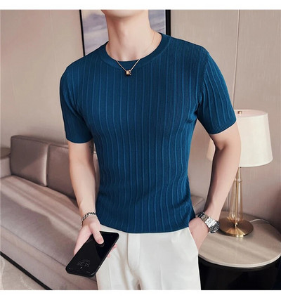Καλοκαιρινό Stretch Crewneck Ανδρικό πουλόβερ με κοντό μανίκι πλεκτό μασίφ μισό μανίκι ριγέ μπλουζάκι πουλόβερ Casual slim κοινωνικά μπλουζάκια