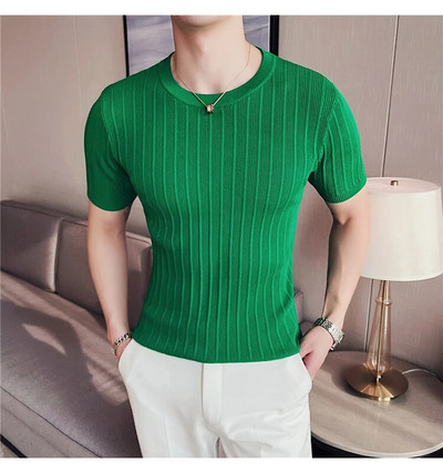 Καλοκαιρινό Stretch Crewneck Ανδρικό πουλόβερ με κοντό μανίκι πλεκτό μασίφ μισό μανίκι ριγέ μπλουζάκι πουλόβερ Casual slim κοινωνικά μπλουζάκια