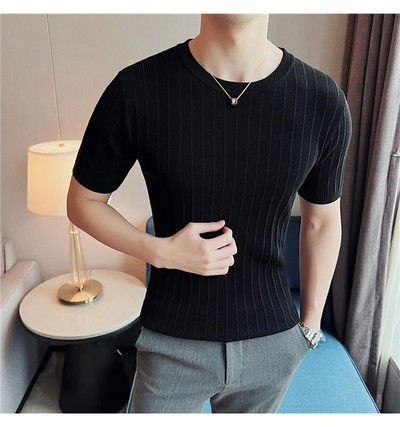 Καλοκαιρινό Stretch Crewneck Ανδρικό πουλόβερ με κοντό μανίκι πλεκτό μασίφ μισό μανίκι ριγέ μπλουζάκι πουλόβερ Casual slim κοινωνικά μπλουζάκια