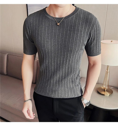 Καλοκαιρινό Stretch Crewneck Ανδρικό πουλόβερ με κοντό μανίκι πλεκτό μασίφ μισό μανίκι ριγέ μπλουζάκι πουλόβερ Casual slim κοινωνικά μπλουζάκια