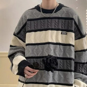 Mīksta auduma vīriešu džemperis Stilīgs vīriešu retro svītrains džemperis ar O veida kakla izgriezumu ar garām piedurknēm brīvi pieguļoši biezi ikdienas džemperi rudenim