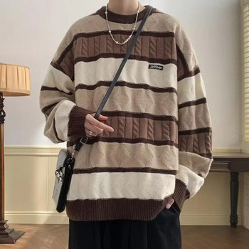 Ανδρικό πουλόβερ από μαλακό ύφασμα Κομψό ανδρικό ρετρό ριγέ πουλόβερ με μακρύ μανίκι, χαλαρή εφαρμογή, χοντρές casual πουλόβερ για το φθινόπωρο