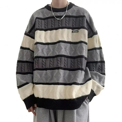 Mīksta auduma vīriešu džemperis Stilīgs vīriešu retro svītrains džemperis ar O veida kakla izgriezumu ar garām piedurknēm brīvi pieguļoši biezi ikdienas džemperi rudenim