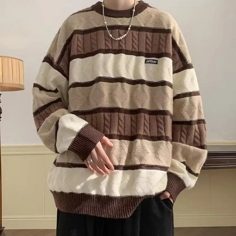 Mīksta auduma vīriešu džemperis Stilīgs vīriešu retro svītrains džemperis ar O veida kakla izgriezumu ar garām piedurknēm brīvi pieguļoši biezi ikdienas džemperi rudenim