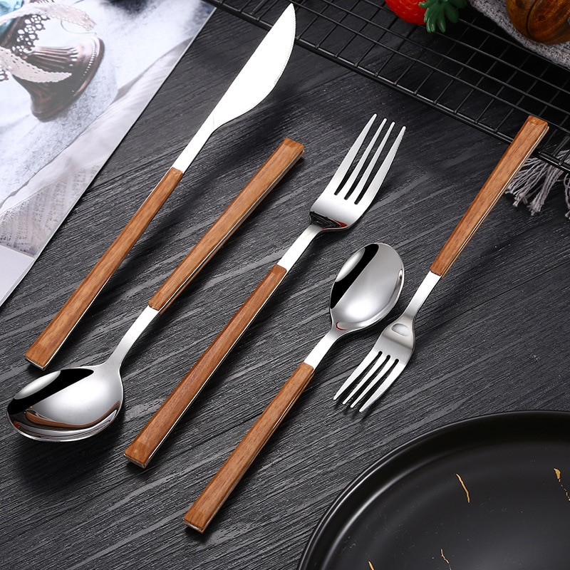 Nerūsējošā tērauda Rietumu retro galda trauki Koka roktura dakša karote nazis deserts augļu steiks trauki virtuves trauki rīki