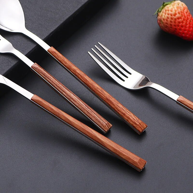 Nerūsējošā tērauda Rietumu retro galda trauki Koka roktura dakša karote nazis deserts augļu steiks trauki virtuves trauki rīki