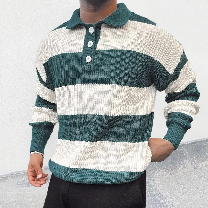 2023. gada jauns vīriešu džemperis ar polo kakla izgriezumu ar garām piedurknēm vienkrāsains džemperis, svītrains, retro ikdienas kvalitātes džemperis vīriešiem