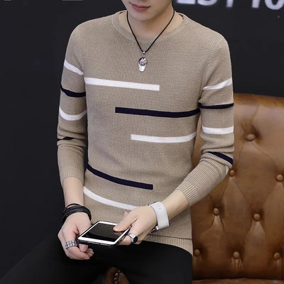 2023-as új, őszi férfi, kerek nyakú, csíkos pulóver férfiaknak, tinédzsereknek tervezve, alkalmi kötésű férfi pulóver