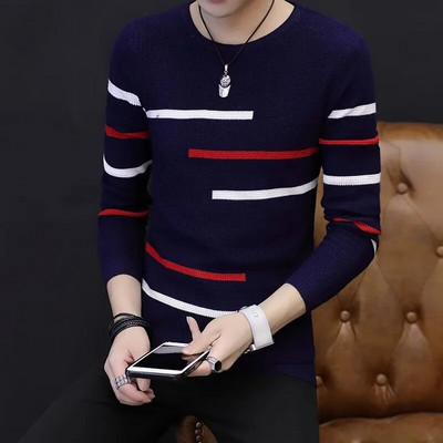 2023-as új, őszi férfi, kerek nyakú, csíkos pulóver férfiaknak, tinédzsereknek tervezve, alkalmi kötésű férfi pulóver