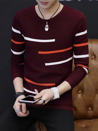 2023-as új, őszi férfi, kerek nyakú, csíkos pulóver férfiaknak, tinédzsereknek tervezve, alkalmi kötésű férfi pulóver