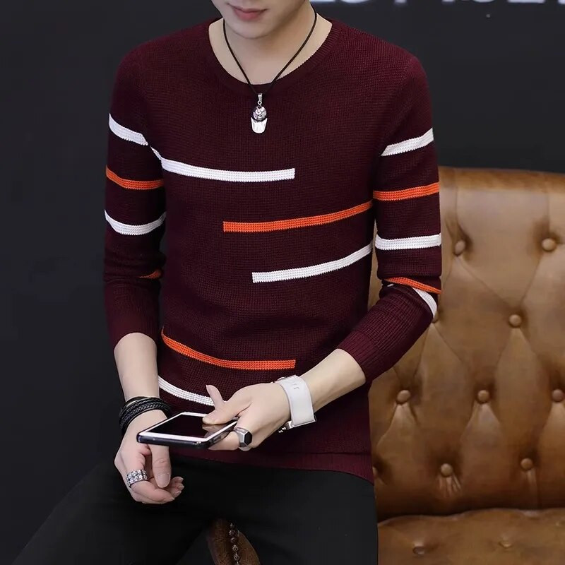 2023-as új, őszi férfi, kerek nyakú, csíkos pulóver férfiaknak, tinédzsereknek tervezve, alkalmi kötésű férfi pulóver