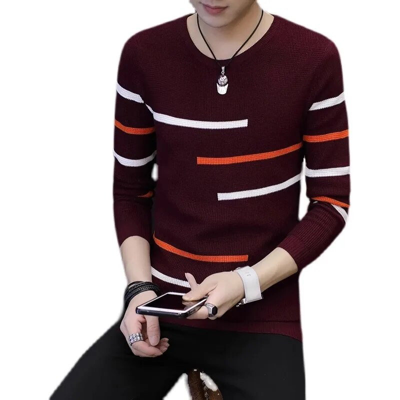 2023-as új, őszi férfi, kerek nyakú, csíkos pulóver férfiaknak, tinédzsereknek tervezve, alkalmi kötésű férfi pulóver