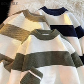 Svītraini džemperi Vīriešu džemperis ar O veida kakla izgriezumu Rudens Ziemas Brīvs Pāris Adīšana Ikdienas Pamatapģērbs Skaists ielas apģērbs Brīvais laiks Vīriešiem