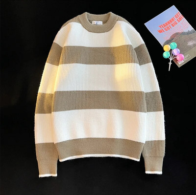 Svītraini džemperi Vīriešu džemperis ar O veida kakla izgriezumu Rudens Ziemas Brīvs Pāris Adīšana Ikdienas Pamatapģērbs Skaists ielas apģērbs Brīvais laiks Vīriešiem