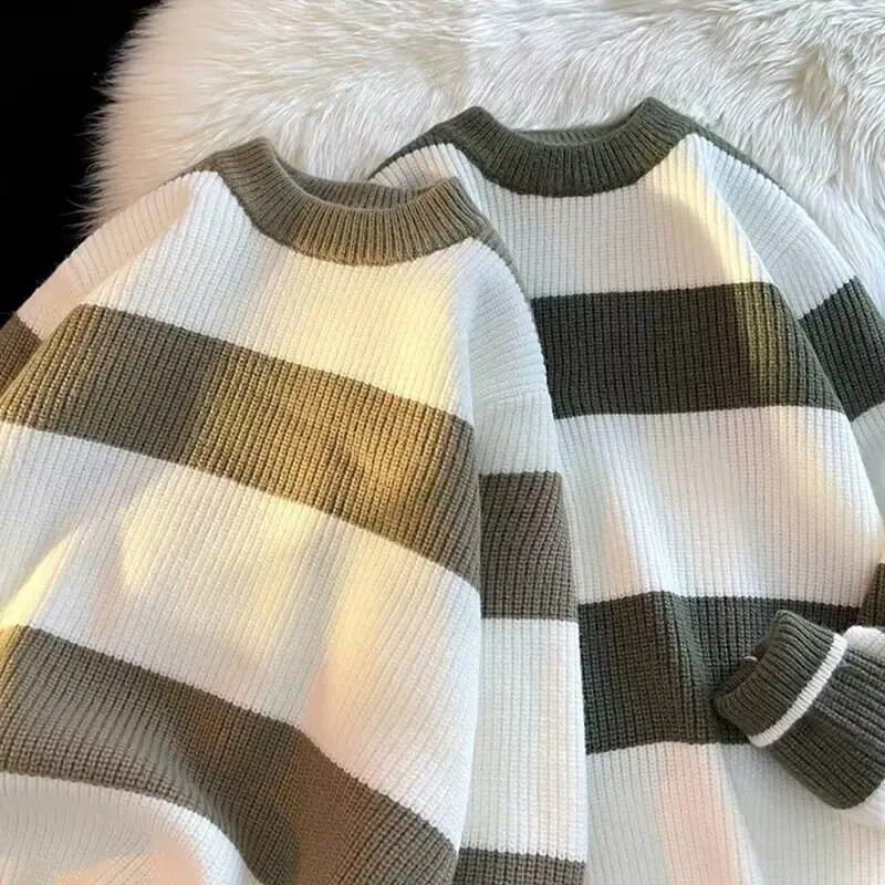 Svītraini džemperi Vīriešu džemperis ar O veida kakla izgriezumu Rudens Ziemas Brīvs Pāris Adīšana Ikdienas Pamatapģērbs Skaists ielas apģērbs Brīvais laiks Vīriešiem