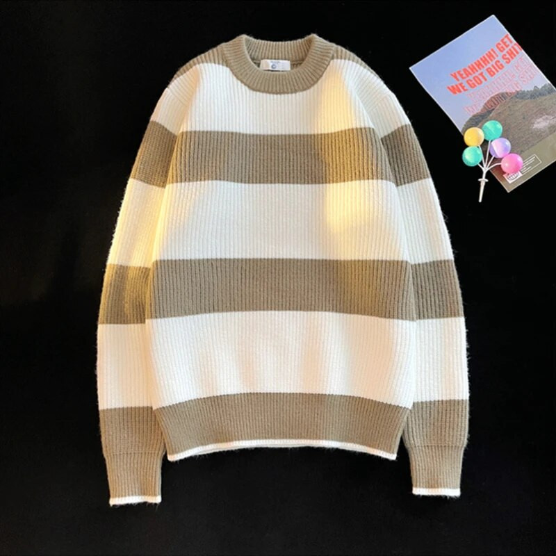 Svītraini džemperi Vīriešu džemperis ar O veida kakla izgriezumu Rudens Ziemas Brīvs Pāris Adīšana Ikdienas Pamatapģērbs Skaists ielas apģērbs Brīvais laiks Vīriešiem