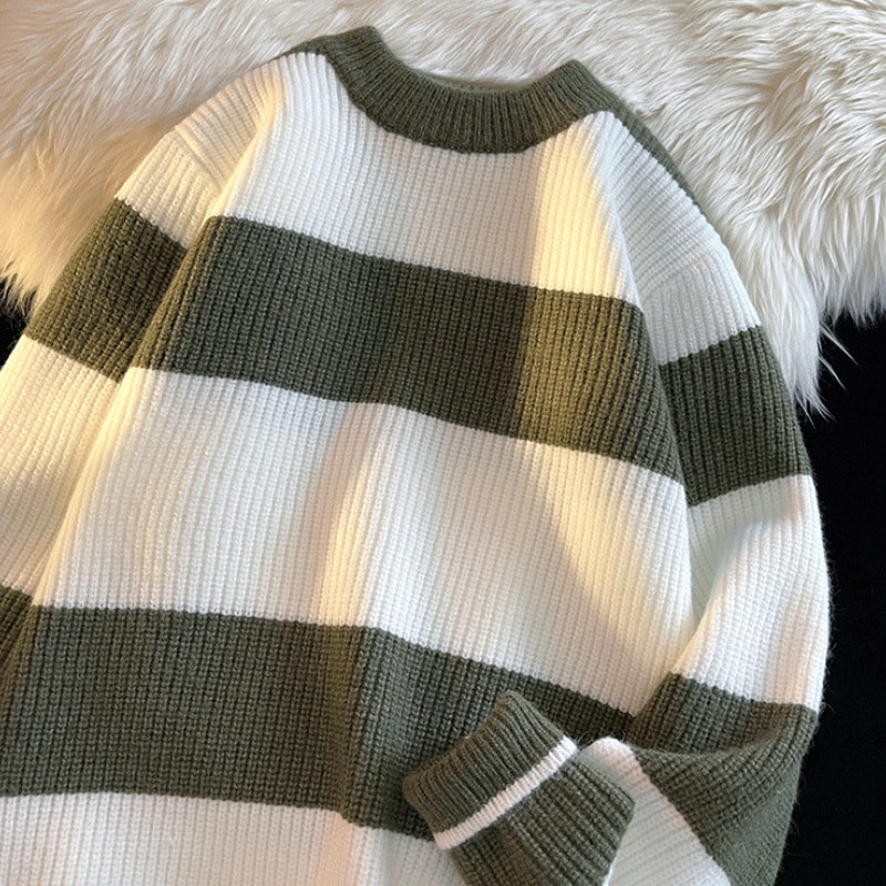 Svītraini džemperi Vīriešu džemperis ar O veida kakla izgriezumu Rudens Ziemas Brīvs Pāris Adīšana Ikdienas Pamatapģērbs Skaists ielas apģērbs Brīvais laiks Vīriešiem