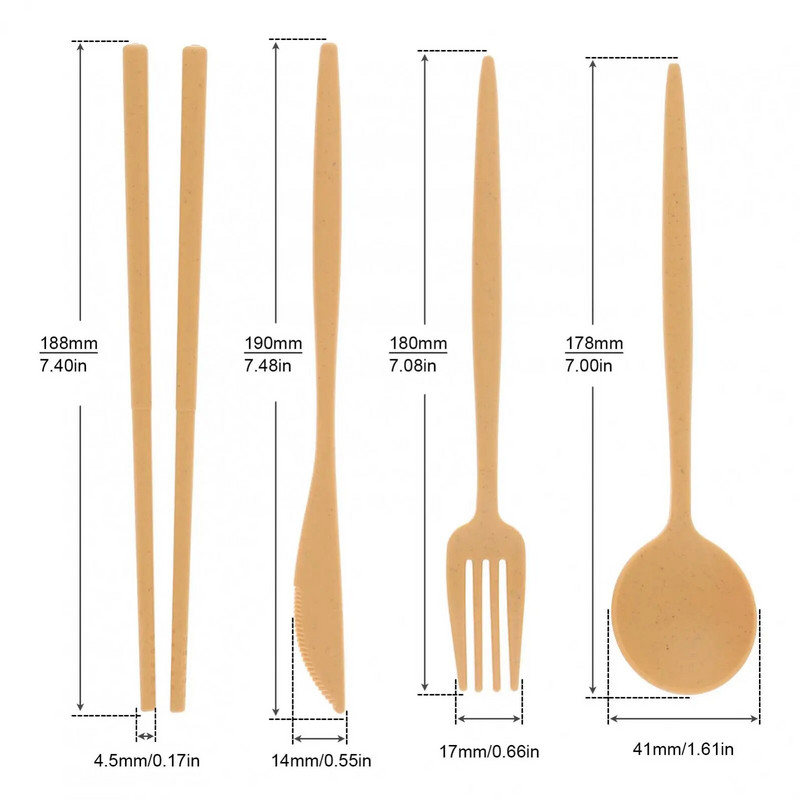 5 buc/set set portabil de tacâmuri de călătorie cu paie de grâu pentru călătorii, prânz la școală, picnic, camping, utilizare zilnică cu cutie de veselă